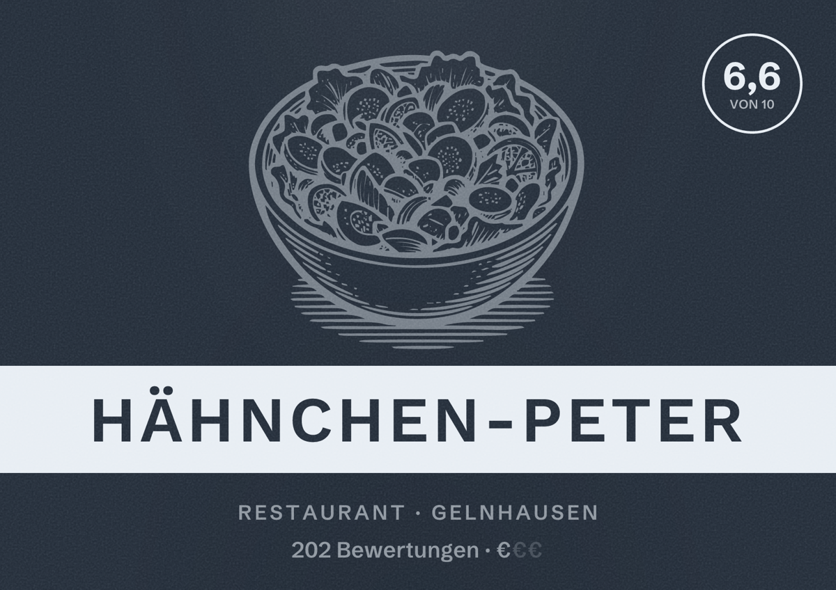 Illustriertes Poster von Hähnchen-Peter, Restaurant in Gelnhausen: Bewertung 6,6 von 10 aus 202 Bewertungen, Preisniveau €