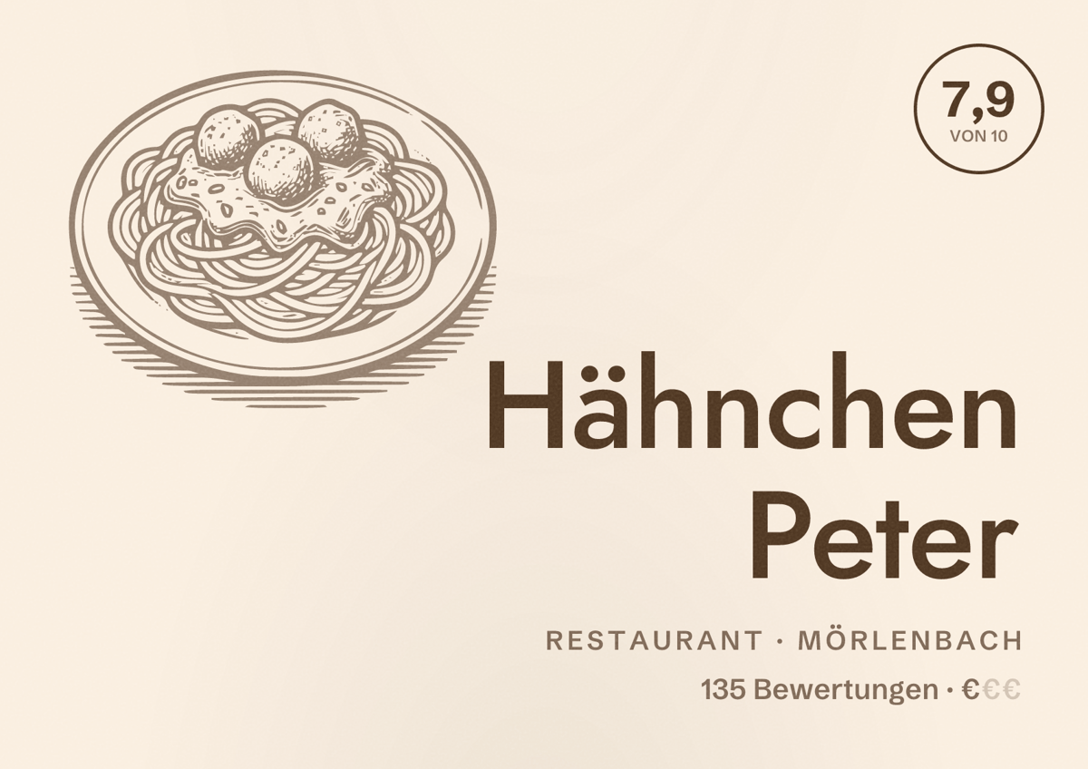 Illustriertes Poster von Hähnchen Peter, Restaurant in Mörlenbach: Bewertung 7,9 von 10 aus 135 Bewertungen, Preisniveau €