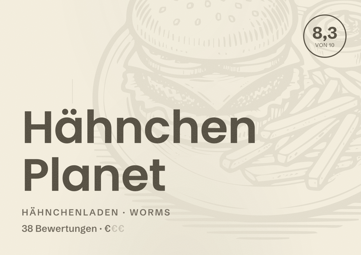 Illustriertes Poster von Hähnchen Planet, Hähnchenladen in Worms: Bewertung 8,3 von 10 aus 38 Bewertungen, Preisniveau €