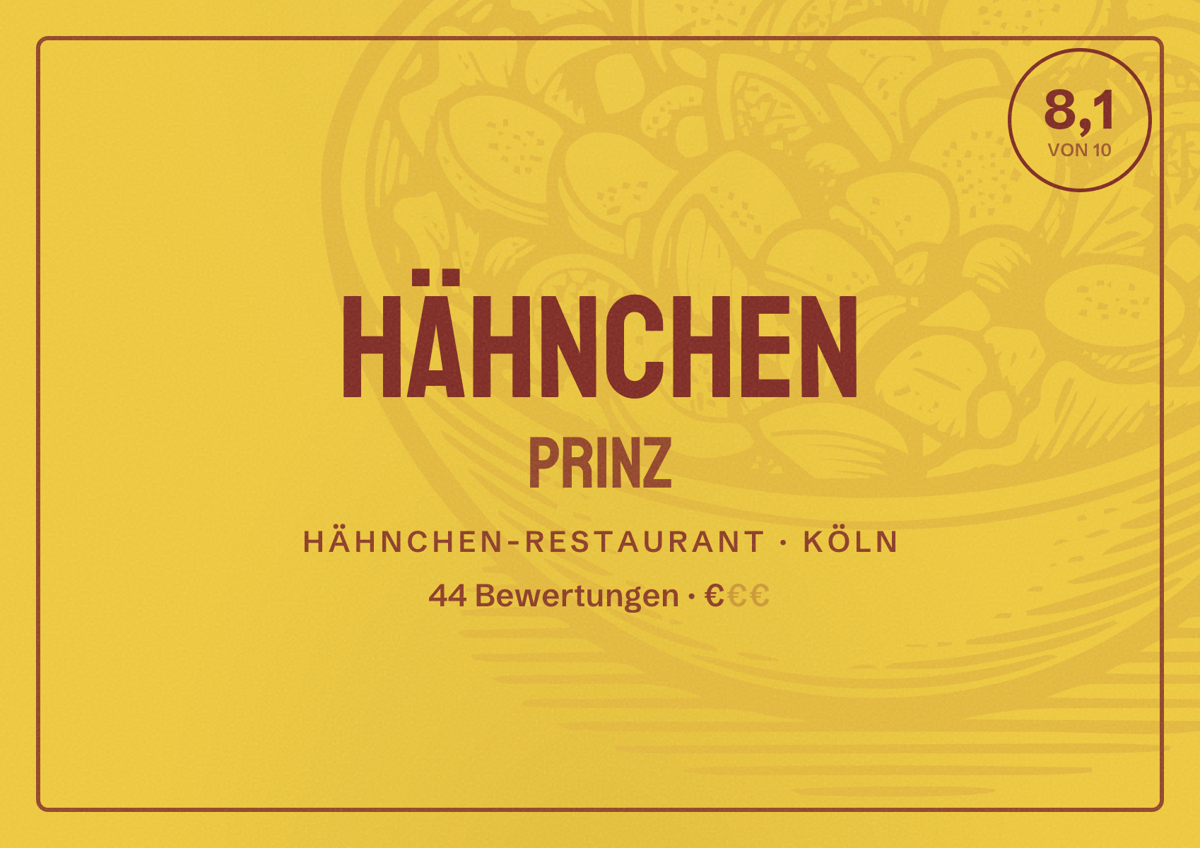 Illustriertes Poster von Hähnchen Prinz, Hähnchen-Restaurant in Köln: Bewertung 8,1 von 10 aus 44 Bewertungen, Preisniveau €