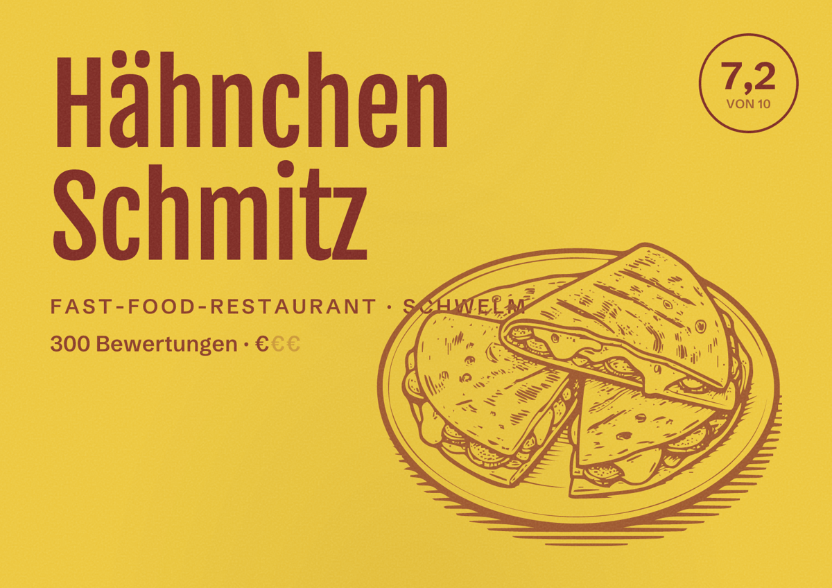 Illustriertes Poster von Hähnchen Schmitz, Fast-Food-Restaurant in Schwelm: Bewertung 7,2 von 10 aus 300 Bewertungen, Preisniveau €