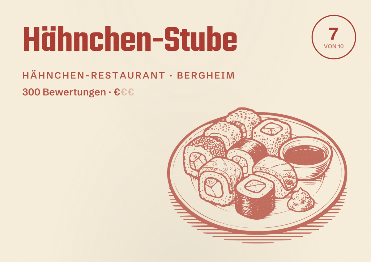 Illustriertes Poster von Hähnchen-Stube, Hähnchen-Restaurant in Bergheim: Bewertung 7 von 10 aus 300 Bewertungen, Preisniveau €