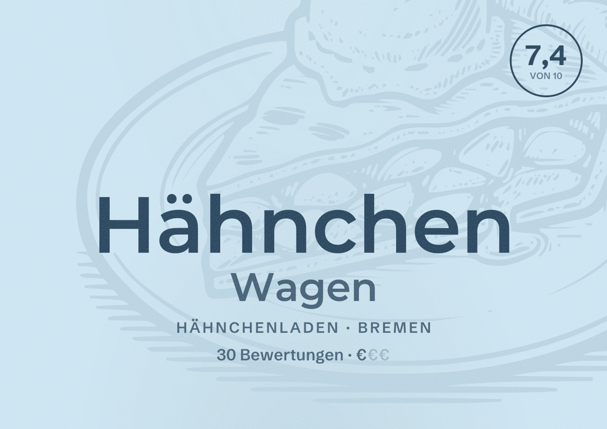 Illustriertes Poster von Hähnchen Wagen, Hähnchenladen in Bremen: Bewertung 7,4 von 10 aus 30 Bewertungen, Preisniveau €