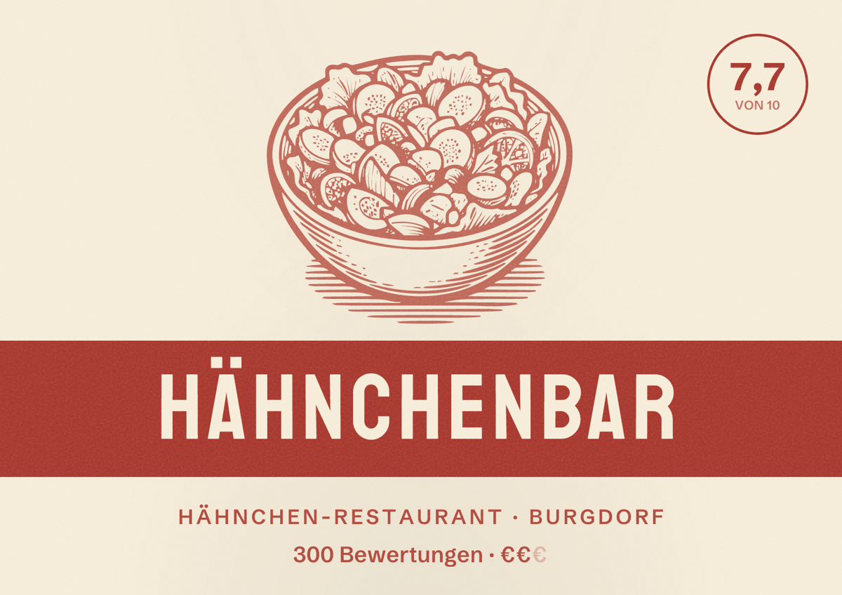 Illustriertes Poster von Hähnchenbar, Hähnchen-Restaurant in Burgdorf: Bewertung 7,7 von 10 aus 300 Bewertungen, Preisniveau €€