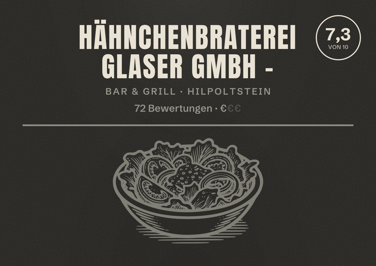 Illustriertes Poster von Hähnchenbraterei Glaser GmbH -, Bar & Grill in Hilpoltstein: Bewertung 7,3 von 10 aus 72 Bewertungen, Preisniveau €