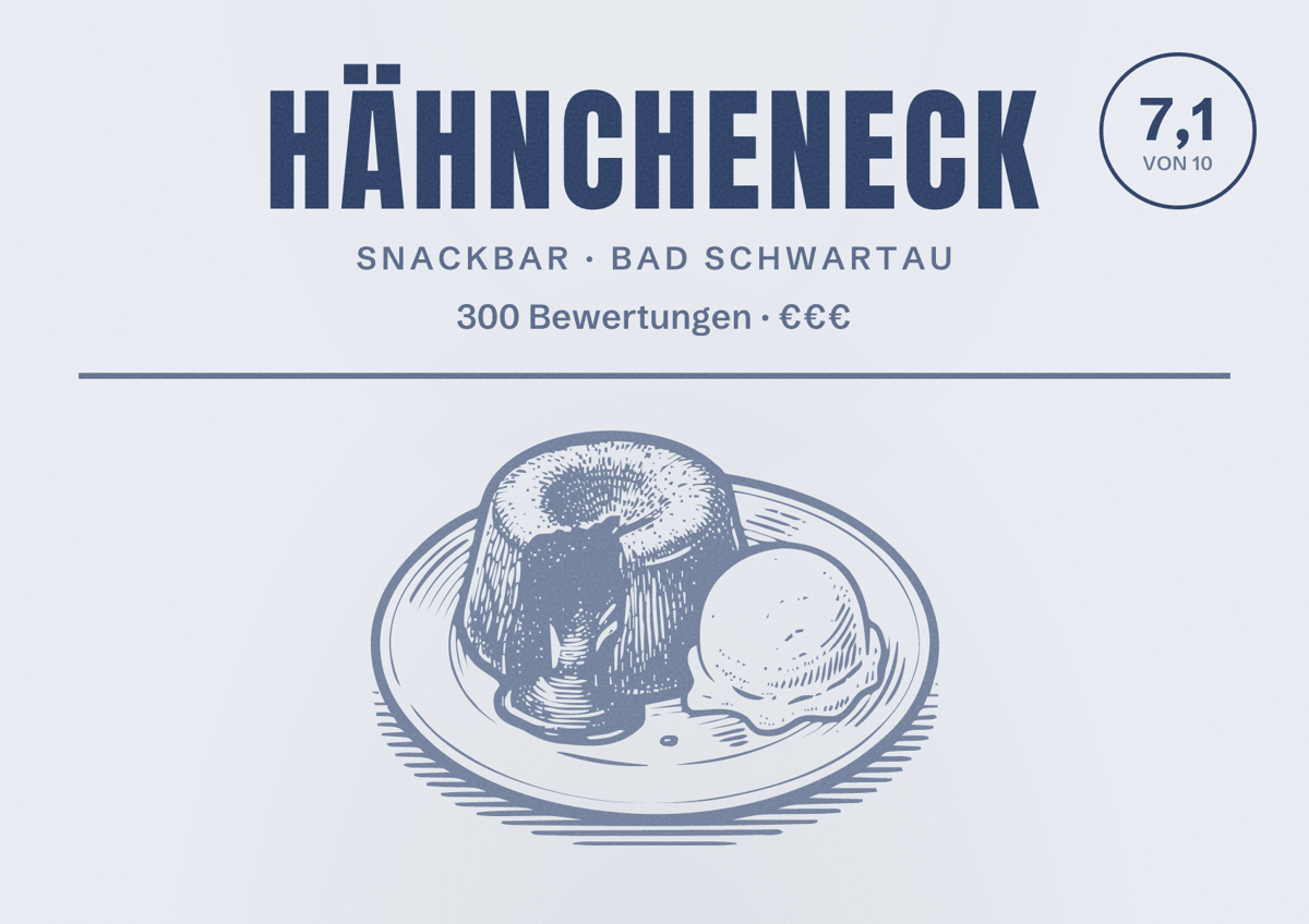Illustriertes Poster von Hähncheneck, Snackbar in Bad Schwartau: Bewertung 7,1 von 10 aus 300 Bewertungen, Preisniveau €€€