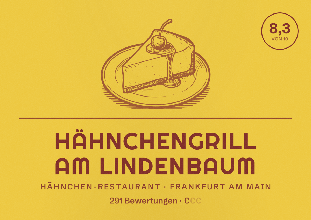 Illustriertes Poster von Hähnchengrill am Lindenbaum, Hähnchen-Restaurant in Frankfurt am Main: Bewertung 8,3 von 10 aus 291 Bewertungen, Preisniveau €
