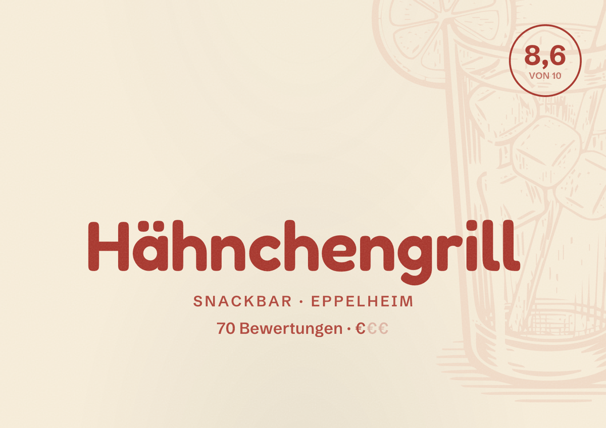 Illustriertes Poster von Hähnchengrill, Snackbar in Eppelheim: Bewertung 8,6 von 10 aus 70 Bewertungen, Preisniveau €