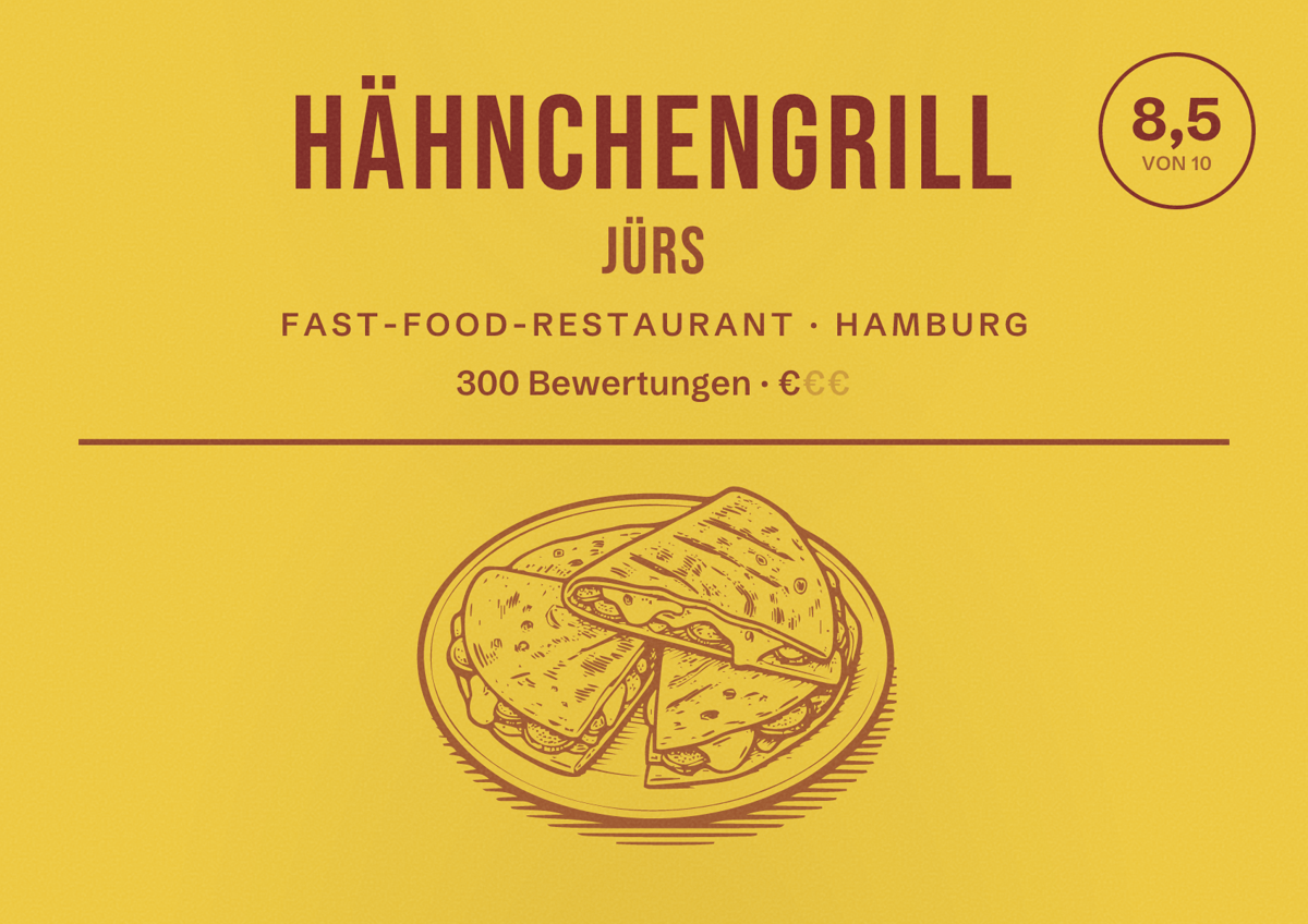 Illustriertes Poster von Hähnchengrill Jürs, Fast-Food-Restaurant in Hamburg: Bewertung 8,5 von 10 aus 300 Bewertungen, Preisniveau €