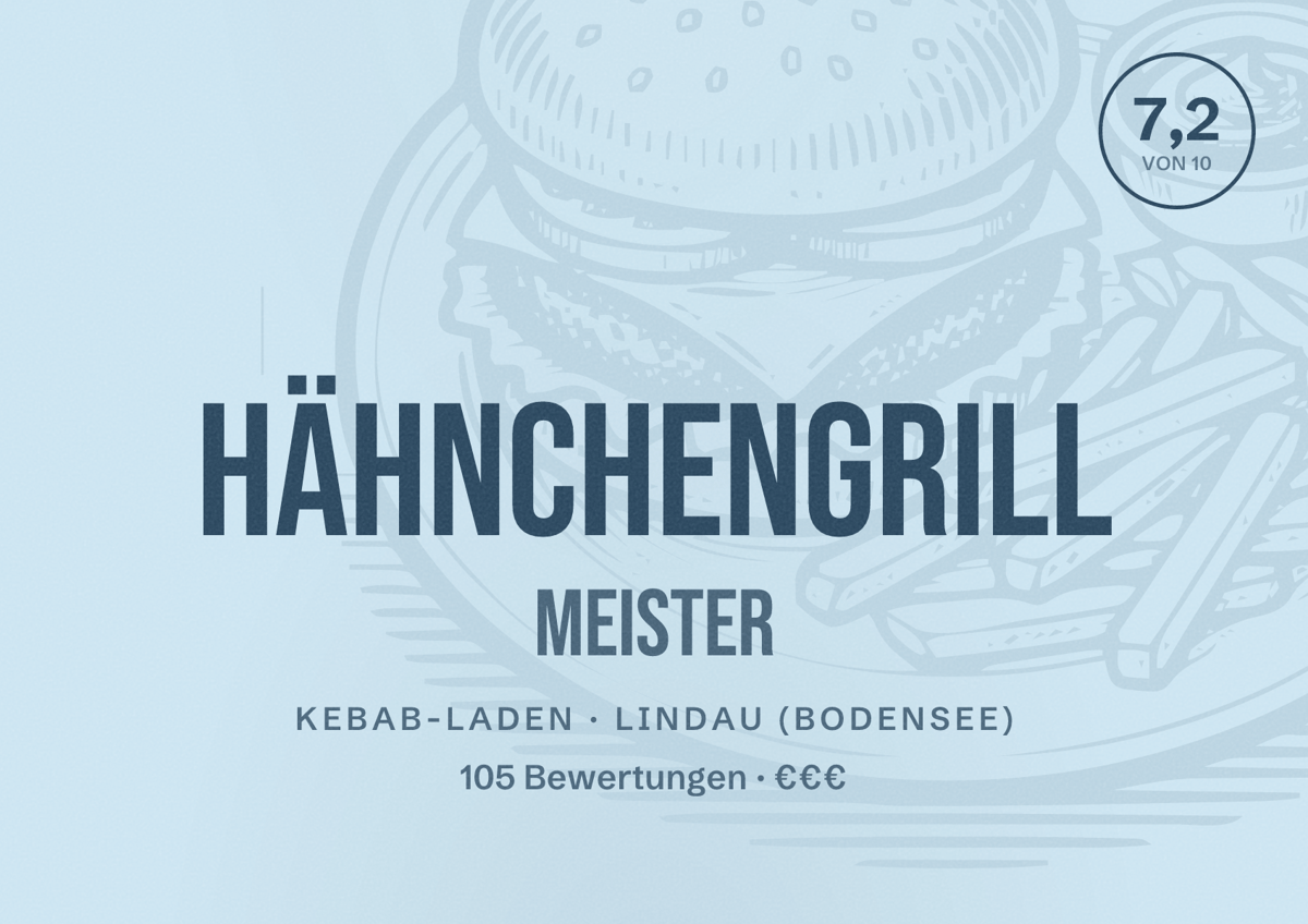 Illustriertes Poster von Hähnchengrill Meister, Kebab-Laden in Lindau (Bodensee): Bewertung 7,2 von 10 aus 105 Bewertungen, Preisniveau €€€