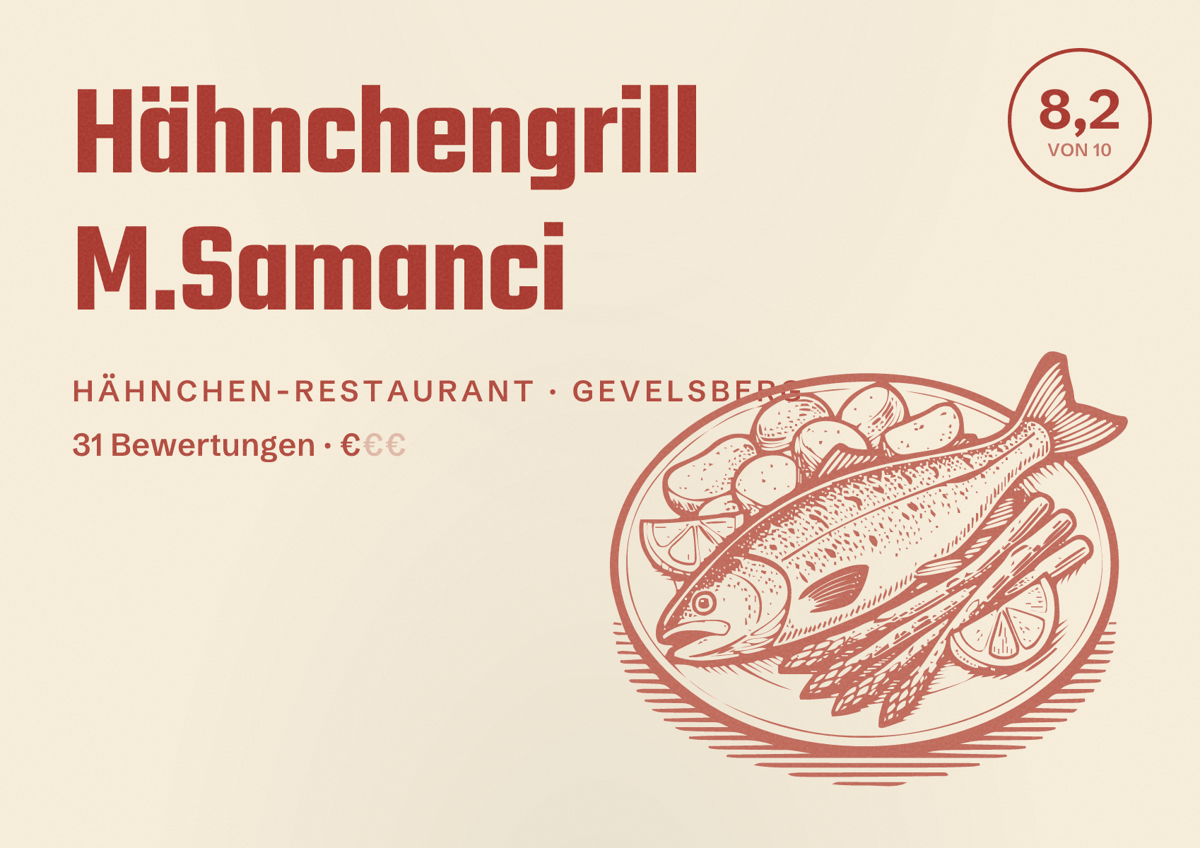 Illustriertes Poster von Hähnchengrill M.Samanci, Hähnchen-Restaurant in Gevelsberg: Bewertung 8,2 von 10 aus 31 Bewertungen, Preisniveau €