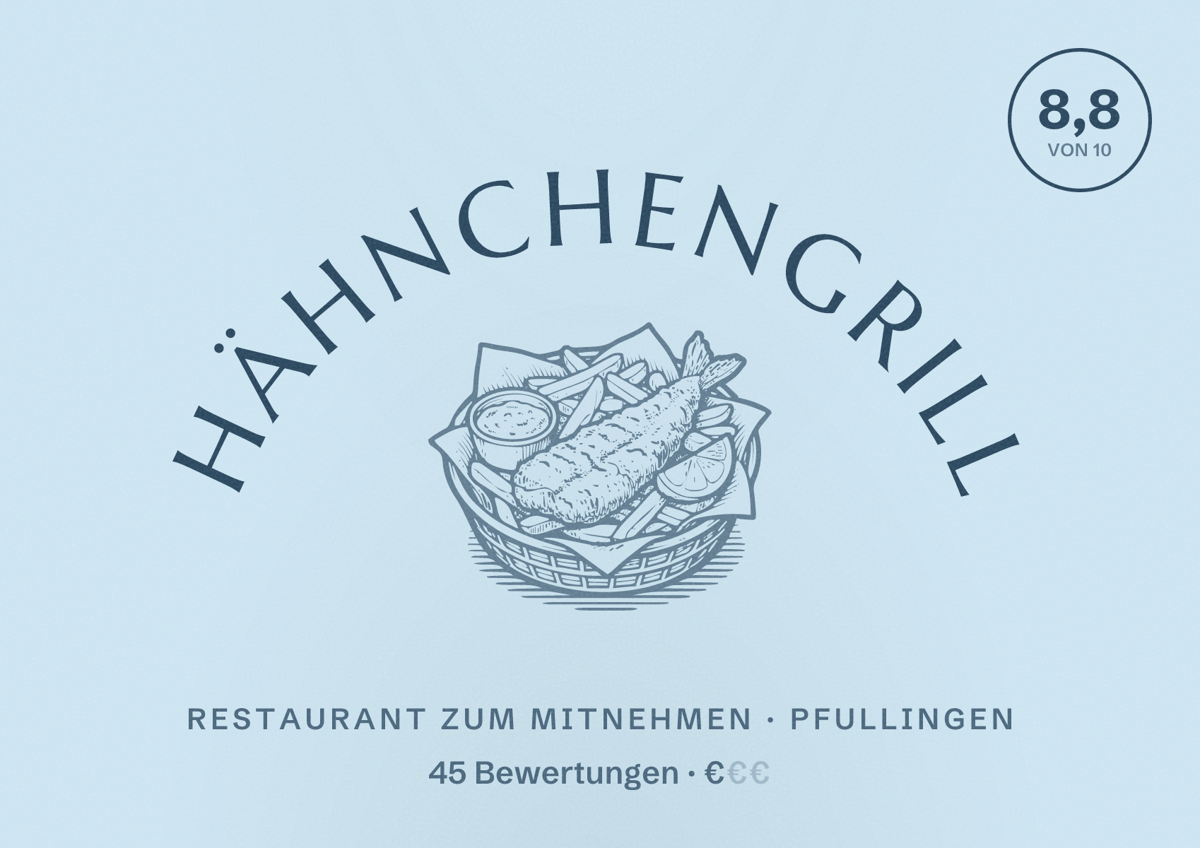 Illustriertes Poster von Hähnchengrill, Restaurant zum Mitnehmen in Pfullingen: Bewertung 8,8 von 10 aus 45 Bewertungen, Preisniveau €
