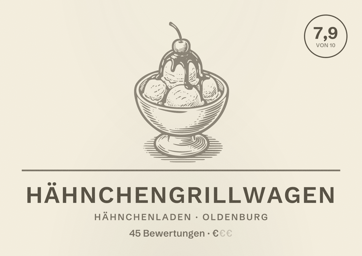 Illustriertes Poster von Hähnchengrillwagen, Hähnchenladen in Oldenburg: Bewertung 7,9 von 10 aus 45 Bewertungen, Preisniveau €