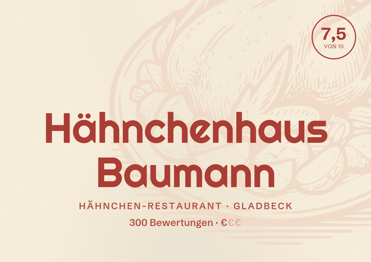 Illustriertes Poster von Hähnchenhaus Baumann, Hähnchen-Restaurant in Gladbeck: Bewertung 7,5 von 10 aus 300 Bewertungen, Preisniveau €