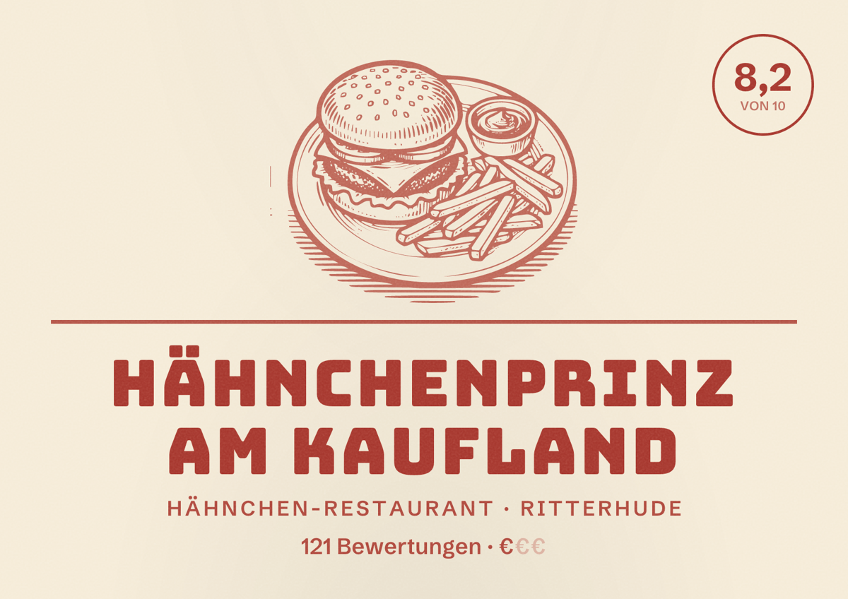 Illustriertes Poster von Hähnchenprinz am KAUFLAND, Hähnchen-Restaurant in Ritterhude: Bewertung 8,2 von 10 aus 121 Bewertungen, Preisniveau €