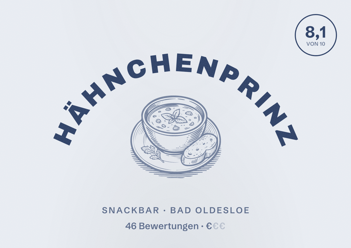 Illustriertes Poster von Hähnchenprinz, Snackbar in Bad Oldesloe: Bewertung 8,1 von 10 aus 46 Bewertungen, Preisniveau €