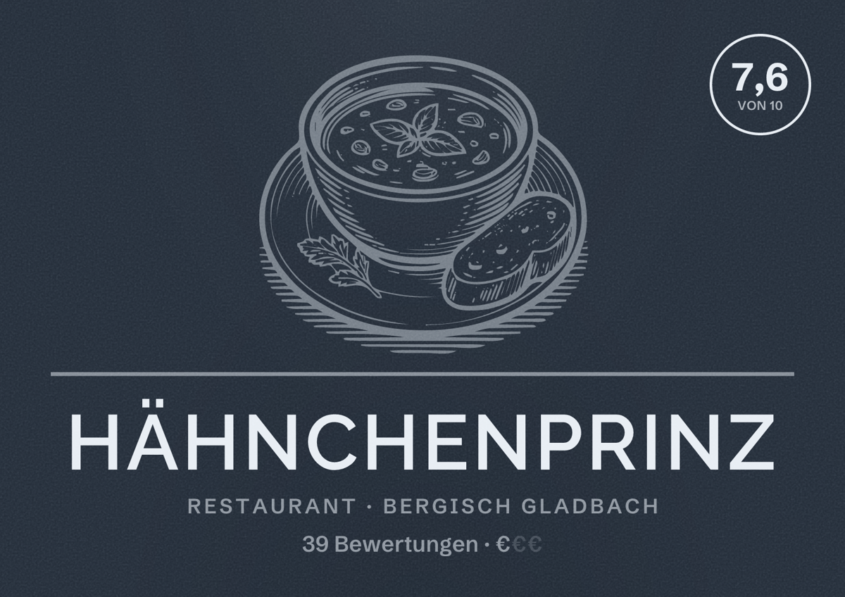 Illustriertes Poster von Hähnchenprinz, Restaurant in Bergisch Gladbach: Bewertung 7,6 von 10 aus 39 Bewertungen, Preisniveau €