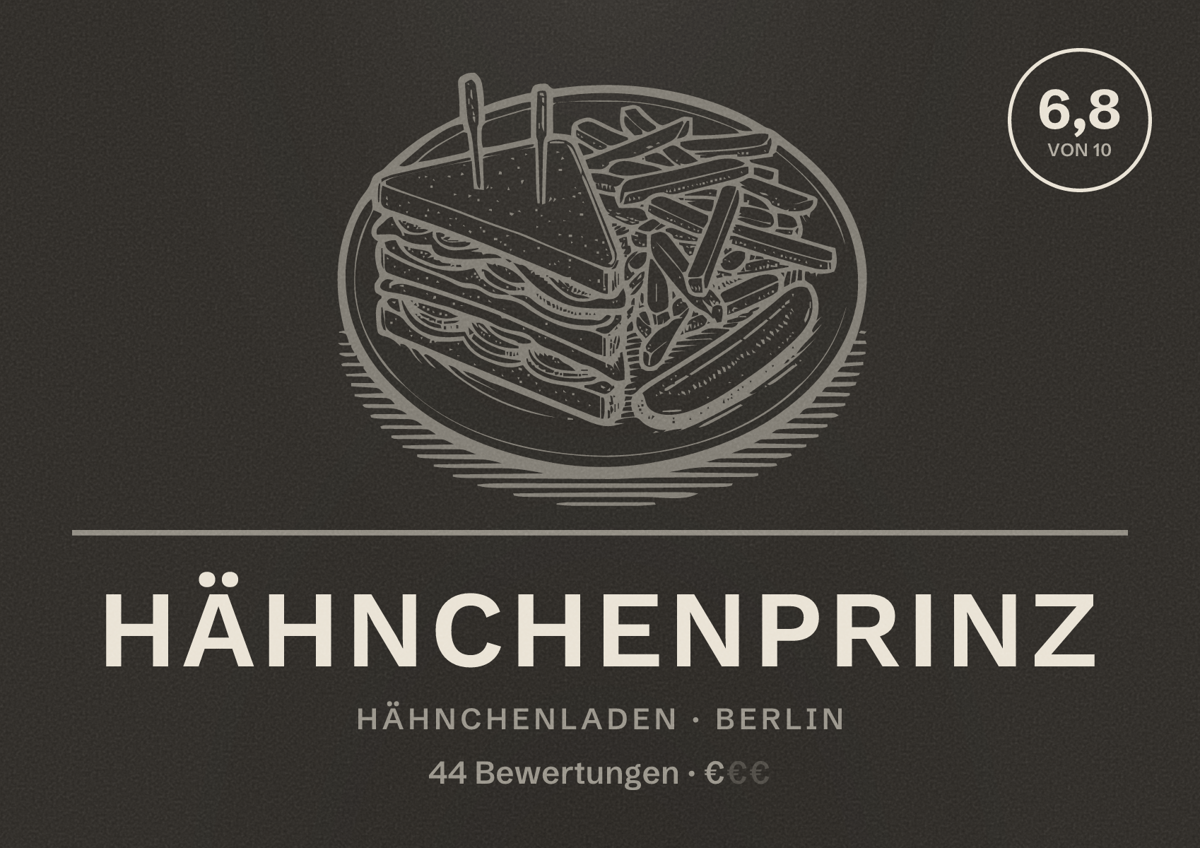 Illustriertes Poster von Hähnchenprinz, Hähnchenladen in Berlin: Bewertung 6,8 von 10 aus 44 Bewertungen, Preisniveau €