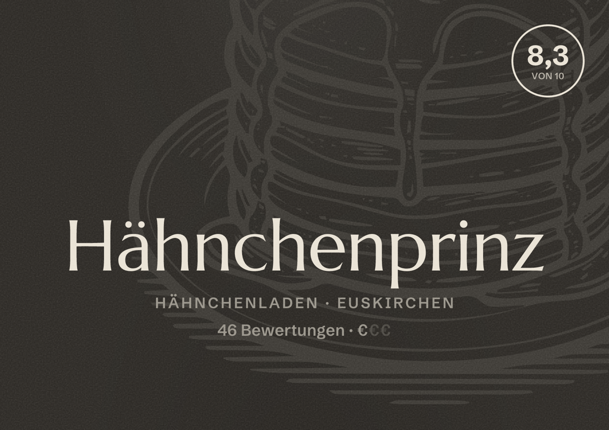 Illustriertes Poster von Hähnchenprinz, Hähnchenladen in Euskirchen: Bewertung 8,3 von 10 aus 46 Bewertungen, Preisniveau €