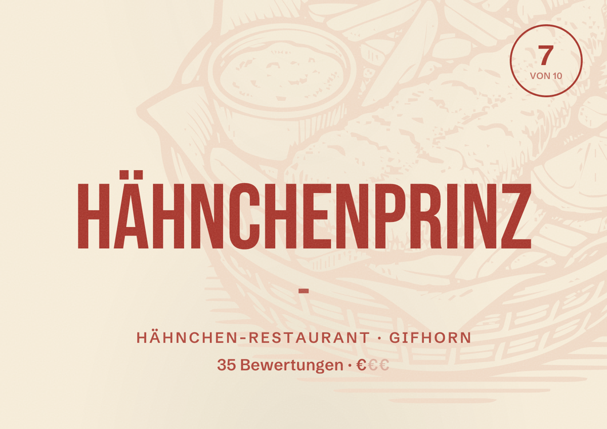 Illustriertes Poster von Hähnchenprinz -, Hähnchen-Restaurant in Gifhorn: Bewertung 7 von 10 aus 35 Bewertungen, Preisniveau €