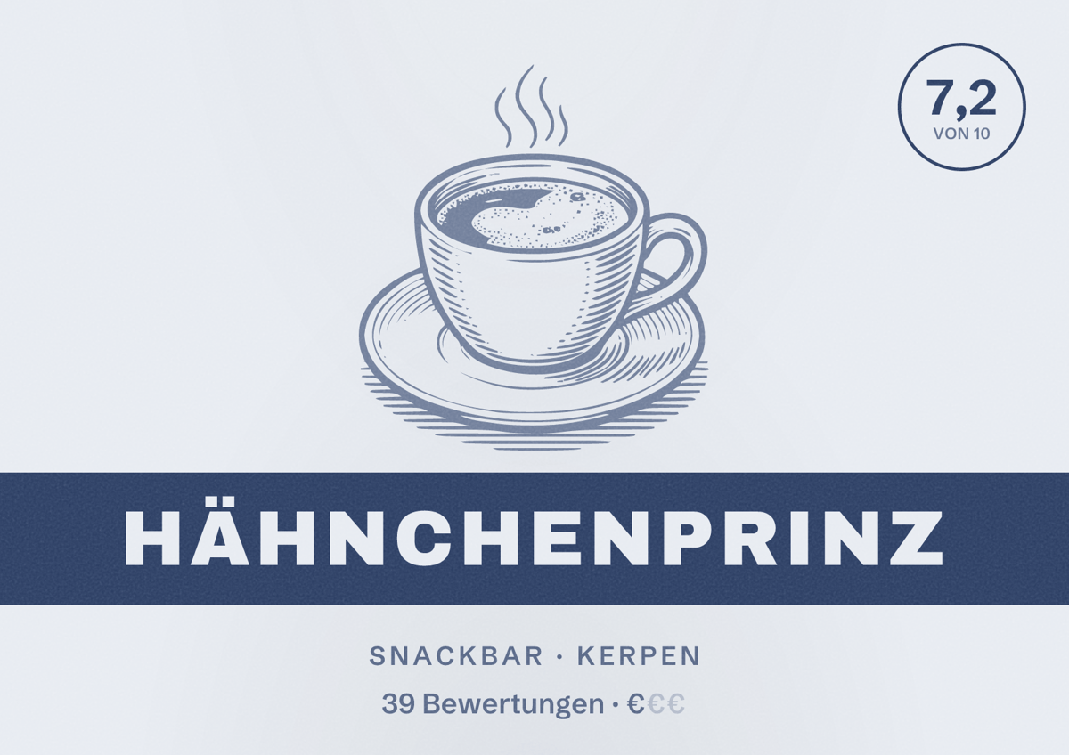 Illustriertes Poster von Hähnchenprinz, Snackbar in Kerpen: Bewertung 7,2 von 10 aus 39 Bewertungen, Preisniveau €