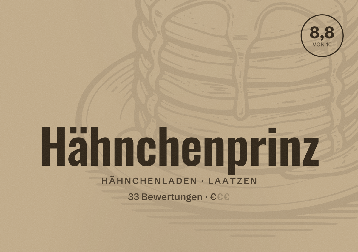 Illustriertes Poster von Hähnchenprinz, Hähnchenladen in Laatzen: Bewertung 8,8 von 10 aus 33 Bewertungen, Preisniveau €
