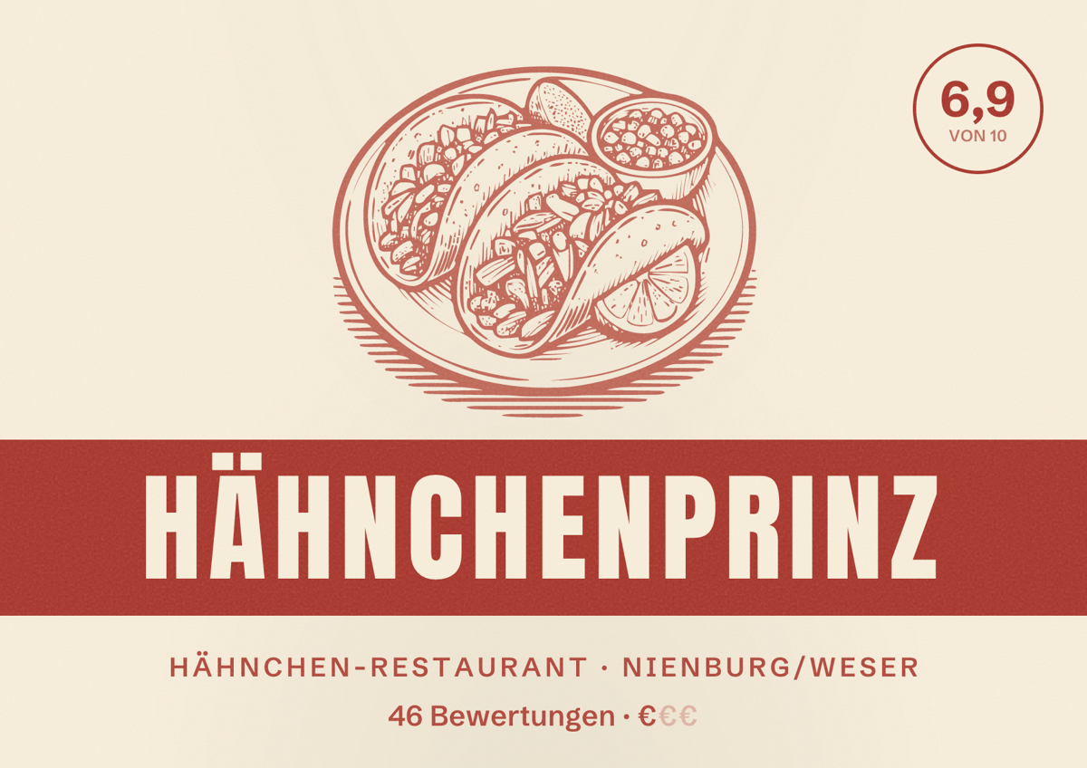 Illustriertes Poster von Hähnchenprinz, Hähnchen-Restaurant in Nienburg/Weser: Bewertung 6,9 von 10 aus 46 Bewertungen, Preisniveau €
