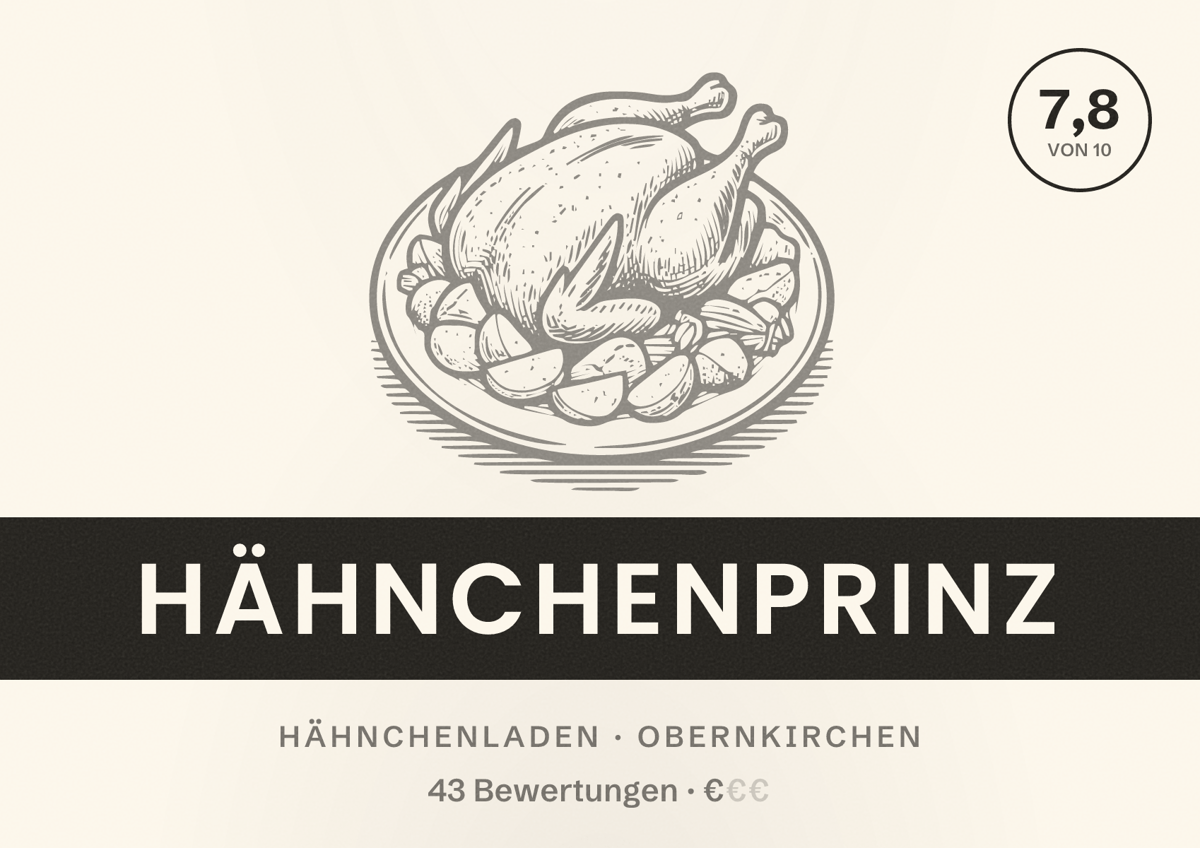 Illustriertes Poster von Hähnchenprinz, Hähnchenladen in Obernkirchen: Bewertung 7,8 von 10 aus 43 Bewertungen, Preisniveau €