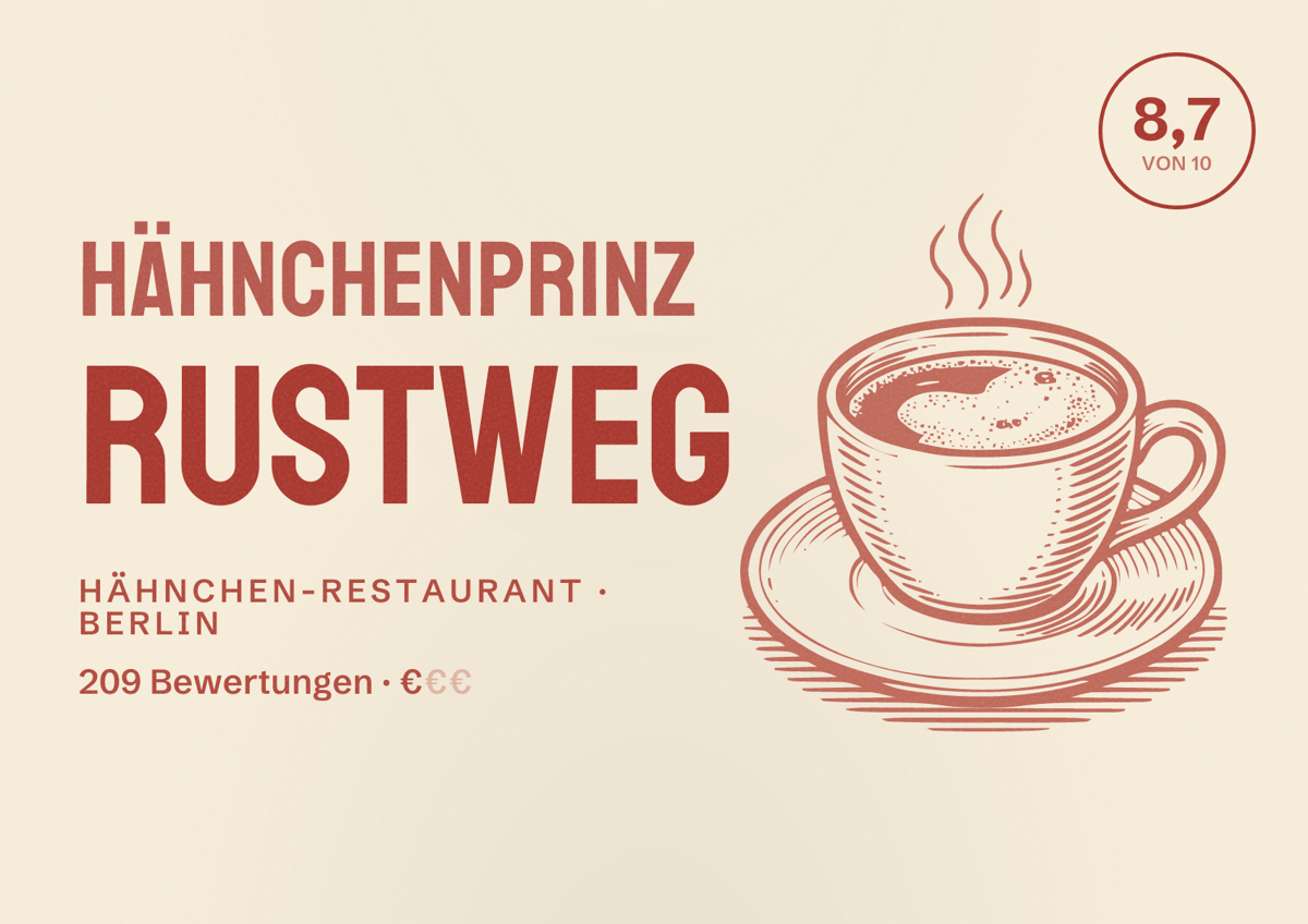 Illustriertes Poster von HähnchenPrinz Rustweg, Hähnchen-Restaurant in Berlin: Bewertung 8,7 von 10 aus 209 Bewertungen, Preisniveau €