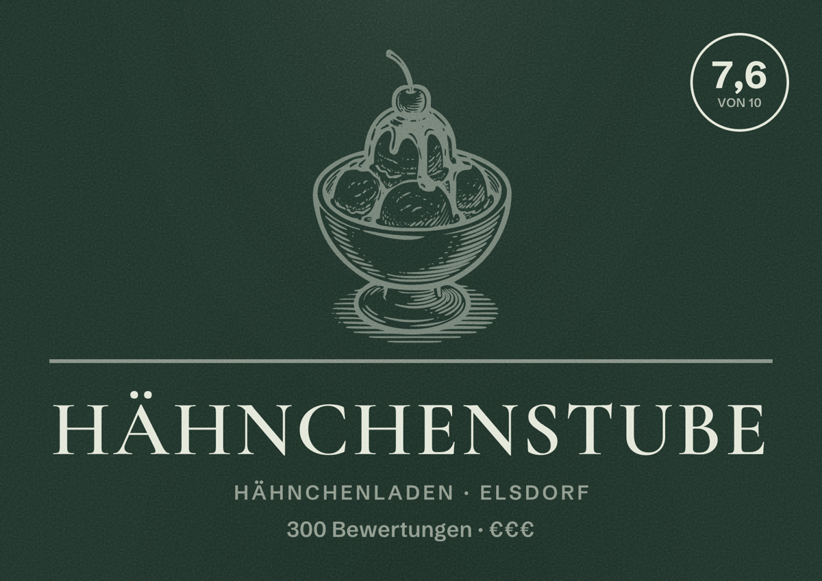Illustriertes Poster von Hähnchenstube, Hähnchenladen in Elsdorf: Bewertung 7,6 von 10 aus 300 Bewertungen, Preisniveau €€€