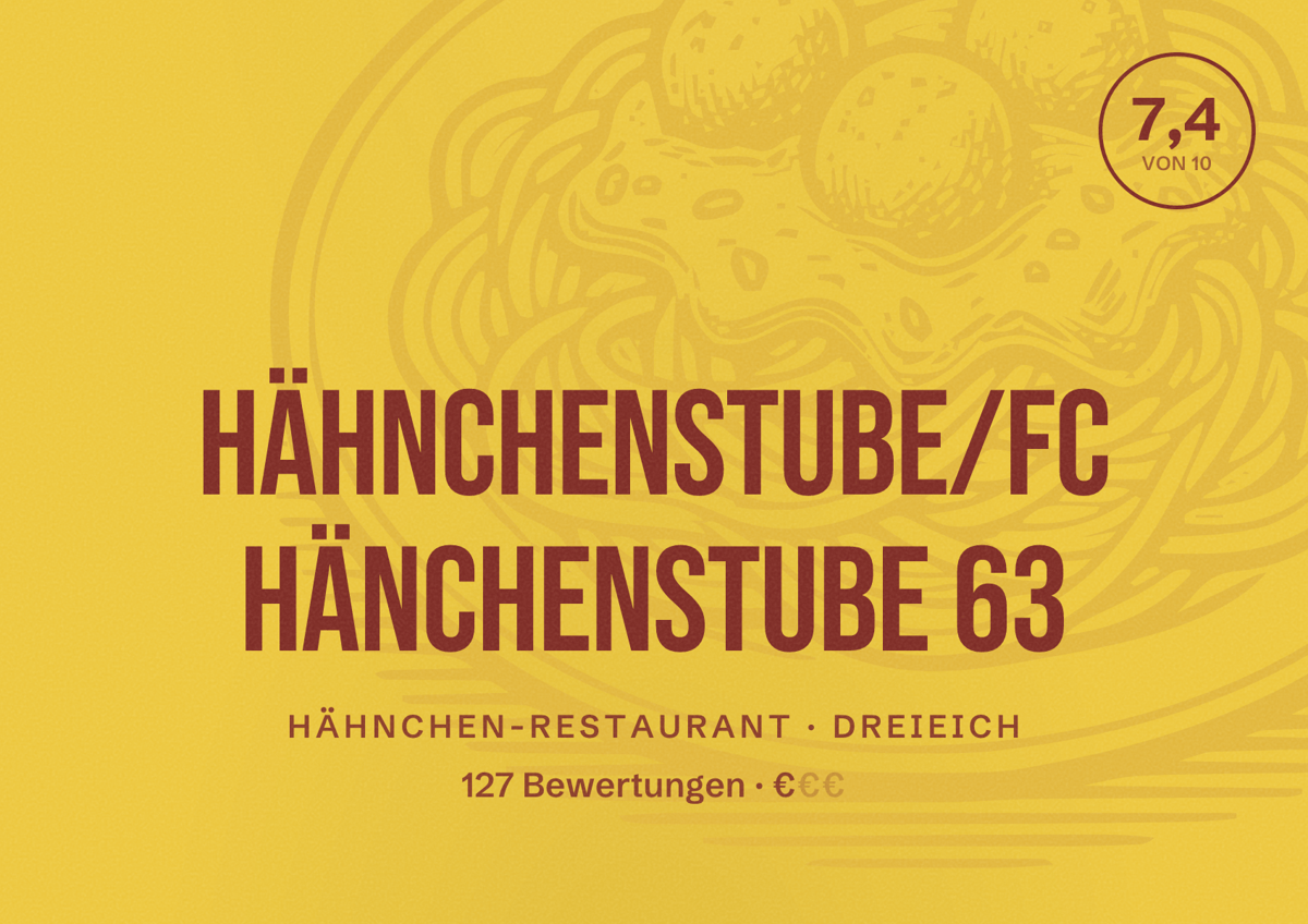 Illustriertes Poster von HÄHNCHENSTUBE/FC HÄNCHENSTUBE 63, Hähnchen-Restaurant in Dreieich: Bewertung 7,4 von 10 aus 127 Bewertungen, Preisniveau €