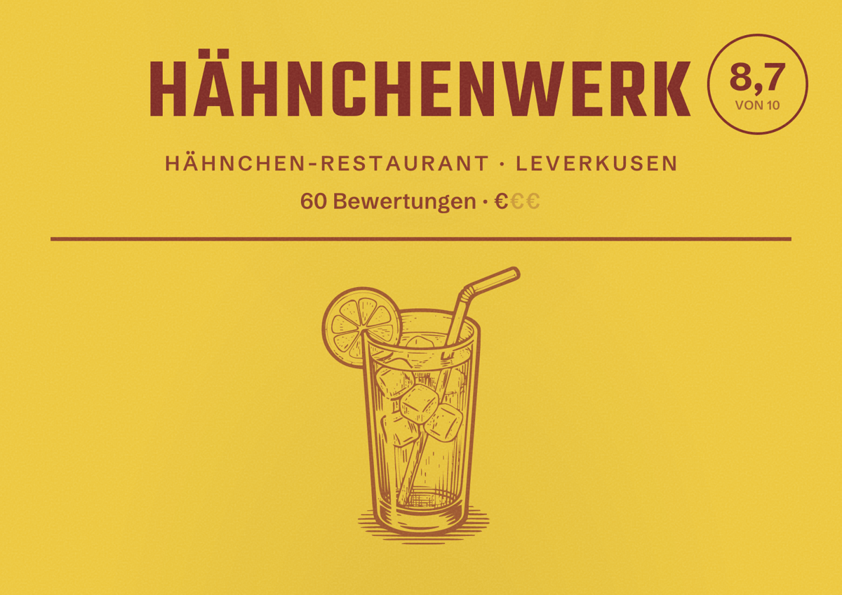 Illustriertes Poster von Hähnchenwerk, Hähnchen-Restaurant in Leverkusen: Bewertung 8,7 von 10 aus 60 Bewertungen, Preisniveau €