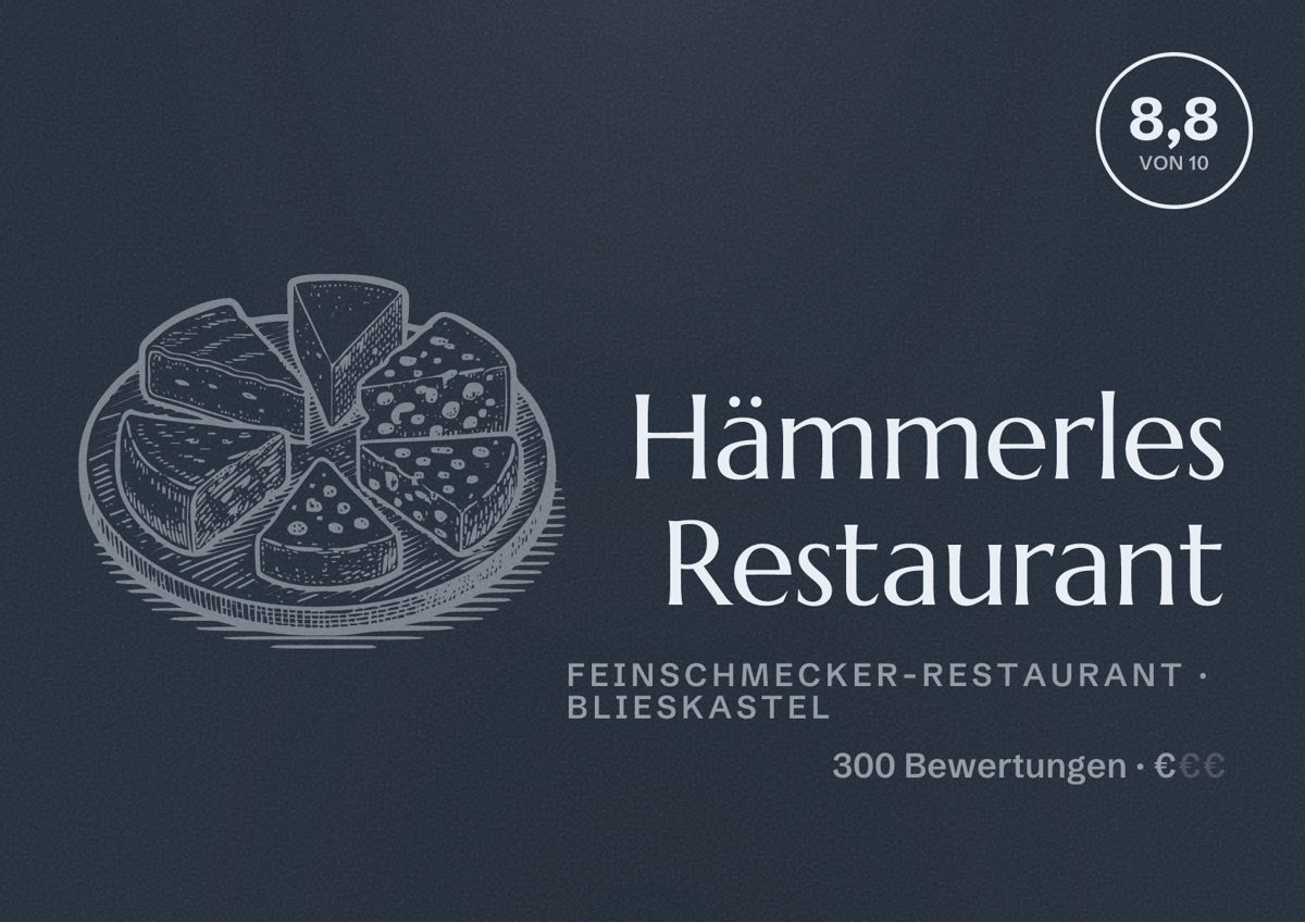 Illustriertes Poster von Hämmerles Restaurant, Feinschmecker-Restaurant in Blieskastel: Bewertung 8,8 von 10 aus 300 Bewertungen, Preisniveau €