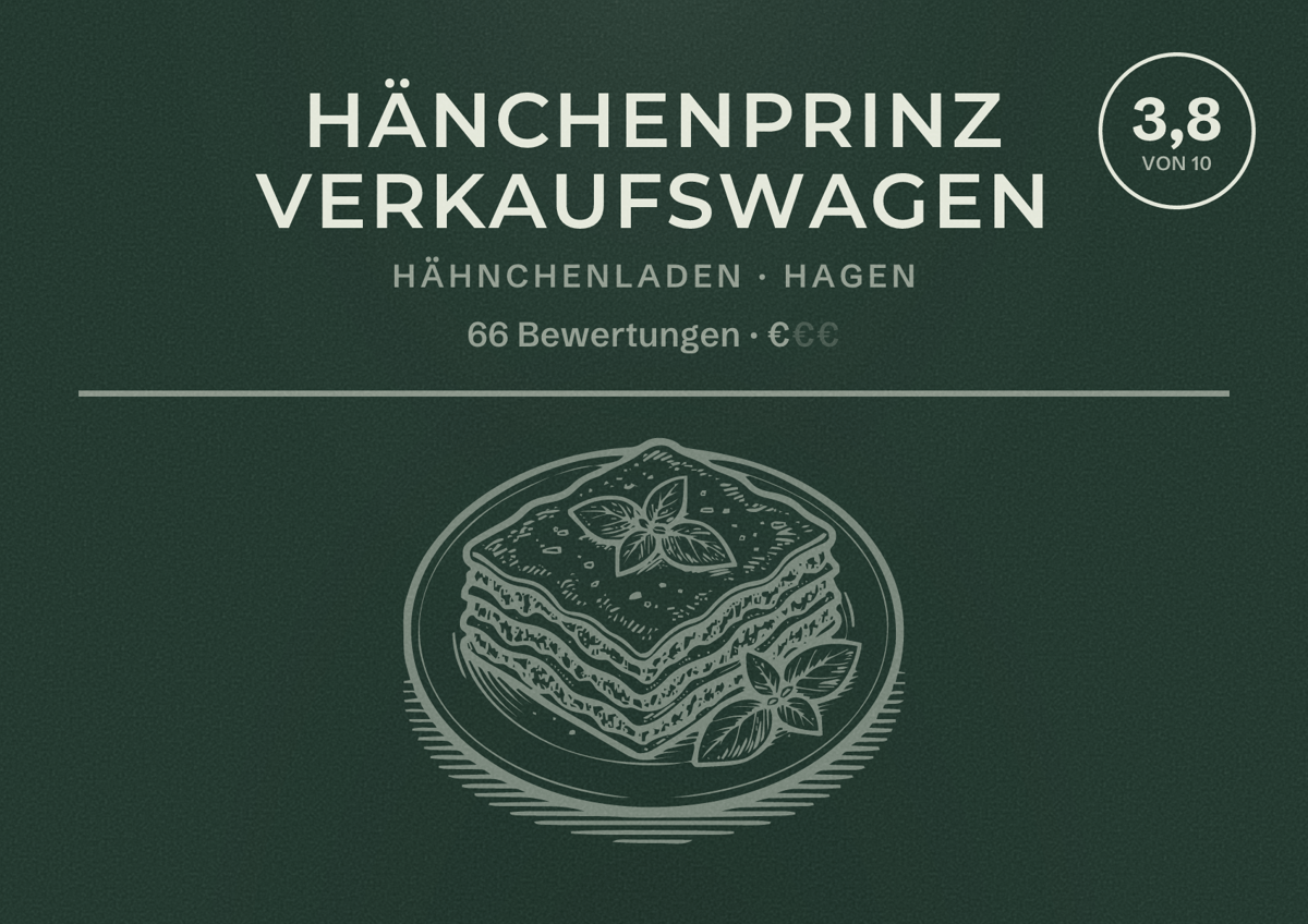 Illustriertes Poster von HänchenPrinz Verkaufswagen, Hähnchenladen in Hagen: Bewertung 3,8 von 10 aus 66 Bewertungen, Preisniveau €