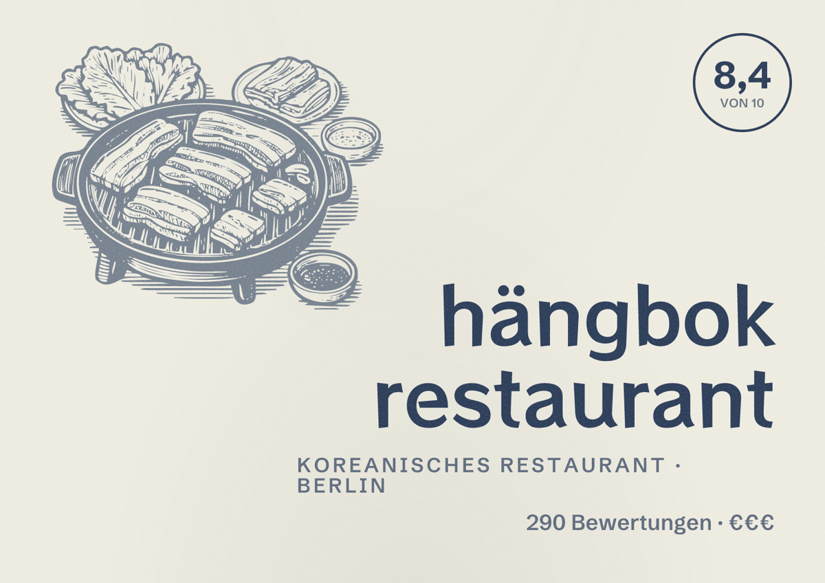 Illustriertes Poster von hängbok restaurant, Koreanisches Restaurant in Berlin: Bewertung 8,4 von 10 aus 290 Bewertungen, Preisniveau €€€
