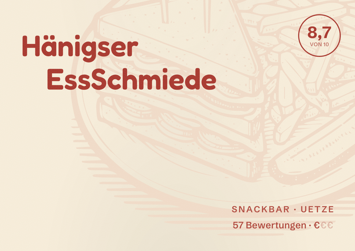 Illustriertes Poster von Hänigser EssSchmiede, Snackbar in Uetze: Bewertung 8,7 von 10 aus 57 Bewertungen, Preisniveau €