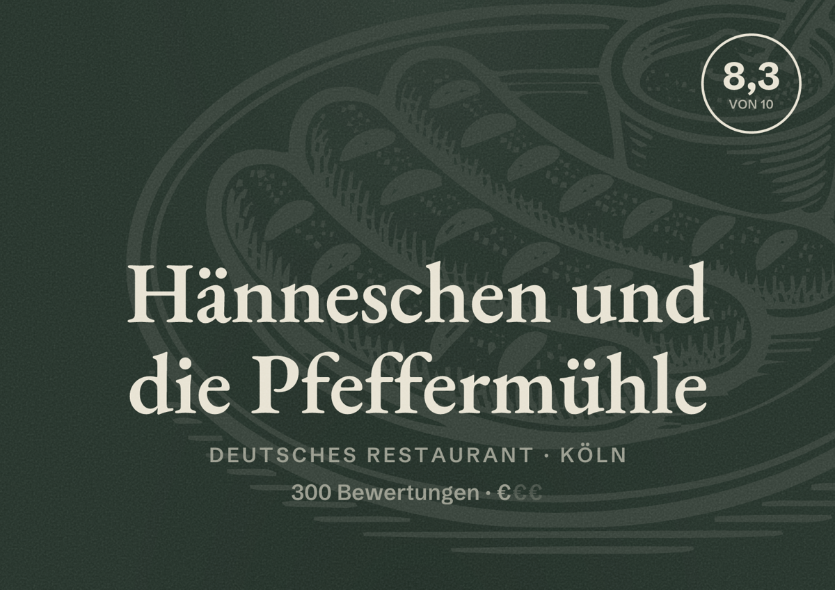 Illustriertes Poster von Hänneschen und die Pfeffermühle, Deutsches Restaurant in Köln: Bewertung 8,3 von 10 aus 300 Bewertungen, Preisniveau €