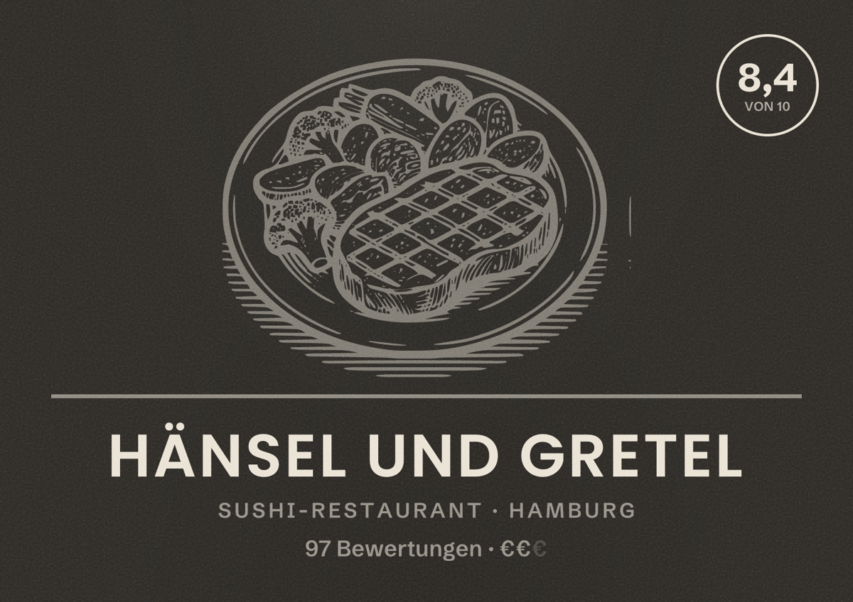 Illustriertes Poster von Hänsel Und Gretel, Sushi-Restaurant in Hamburg: Bewertung 8,4 von 10 aus 97 Bewertungen, Preisniveau €€