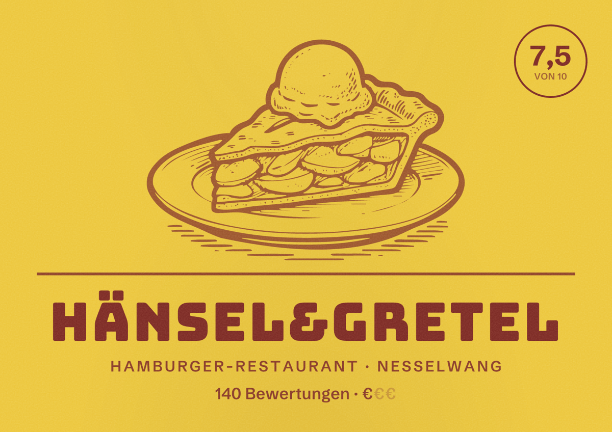 Illustriertes Poster von Hänsel&Gretel, Hamburger-Restaurant in Nesselwang: Bewertung 7,5 von 10 aus 140 Bewertungen, Preisniveau €