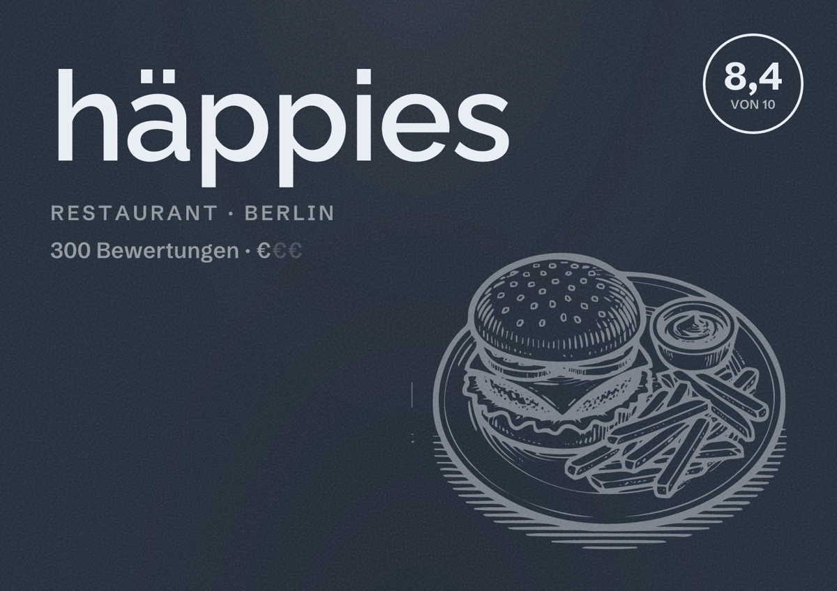 Illustriertes Poster von häppies, Restaurant in Berlin: Bewertung 8,4 von 10 aus 300 Bewertungen, Preisniveau €