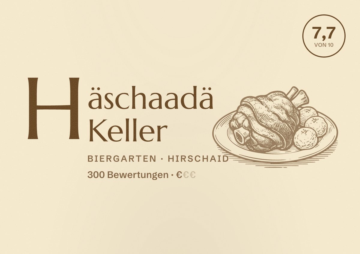 Illustriertes Poster von Häschaadä Keller, Biergarten in Hirschaid: Bewertung 7,7 von 10 aus 300 Bewertungen, Preisniveau €