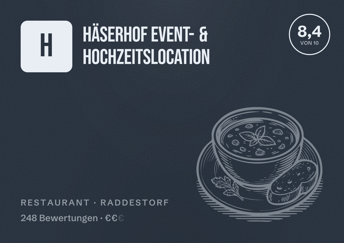 Illustriertes Poster von Häserhof Event- & Hochzeitslocation, Restaurant in Raddestorf: Bewertung 8,4 von 10 aus 248 Bewertungen, Preisniveau €€