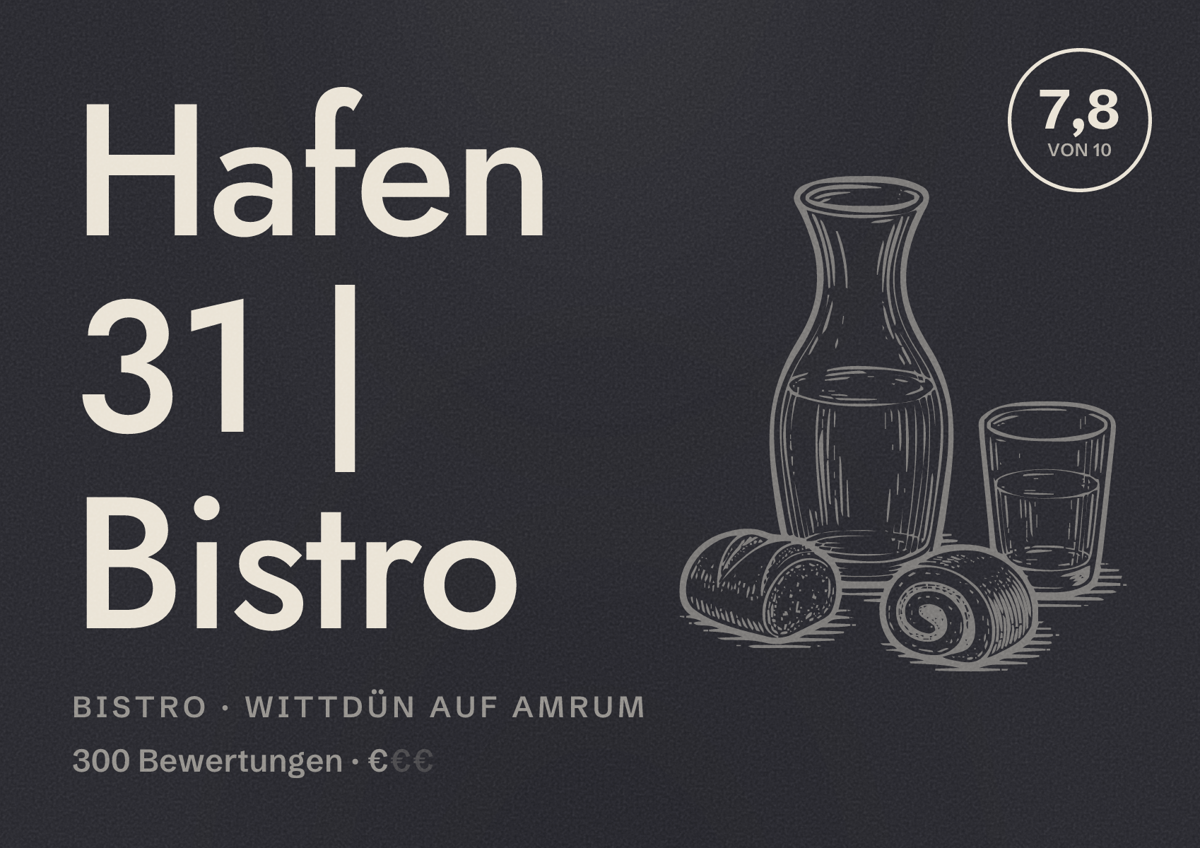 Illustriertes Poster von Hafen 31 | Bistro, Bistro in Wittdün auf Amrum: Bewertung 7,8 von 10 aus 300 Bewertungen, Preisniveau €