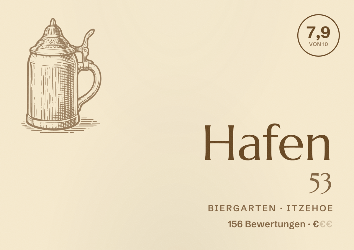 Illustriertes Poster von Hafen 53, Biergarten in Itzehoe: Bewertung 7,9 von 10 aus 156 Bewertungen, Preisniveau €