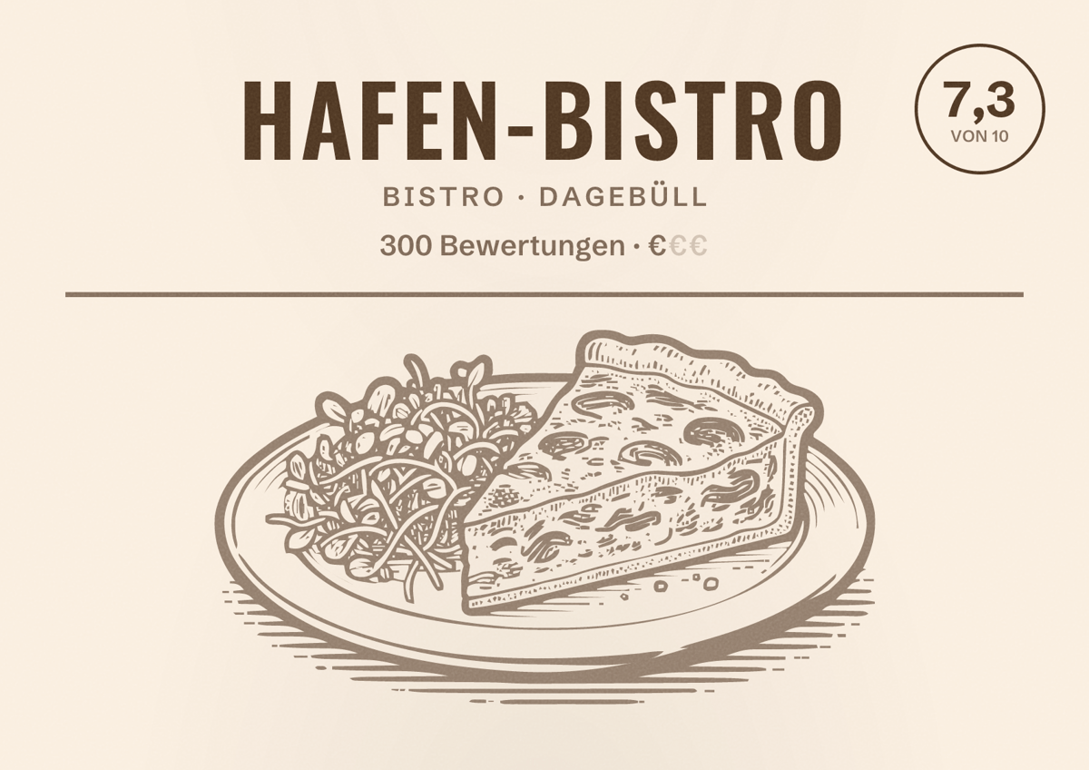 Illustriertes Poster von Hafen-Bistro, Bistro in Dagebüll: Bewertung 7,3 von 10 aus 300 Bewertungen, Preisniveau €