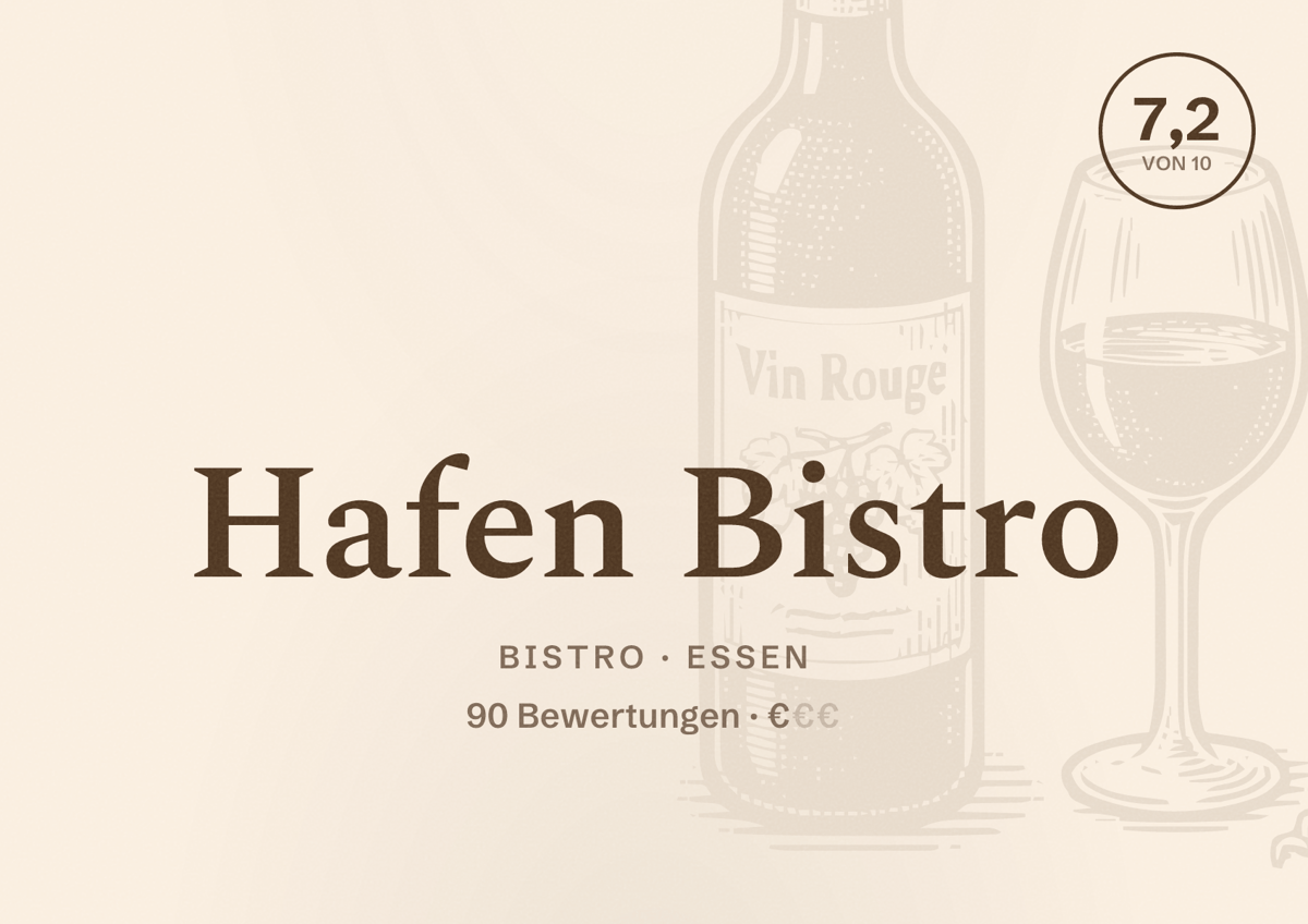 Illustriertes Poster von Hafen Bistro, Bistro in Essen: Gästebewertung 7,2 von 10 aus 90 Bewertungen