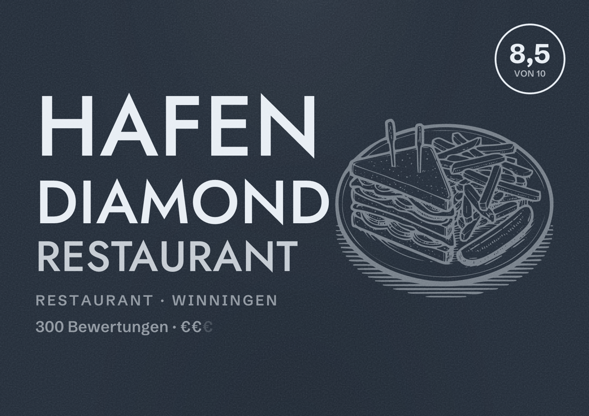 Illustriertes Poster von Hafen Diamond Restaurant, Restaurant in Winningen: Bewertung 8,5 von 10 aus 300 Bewertungen, Preisniveau €€