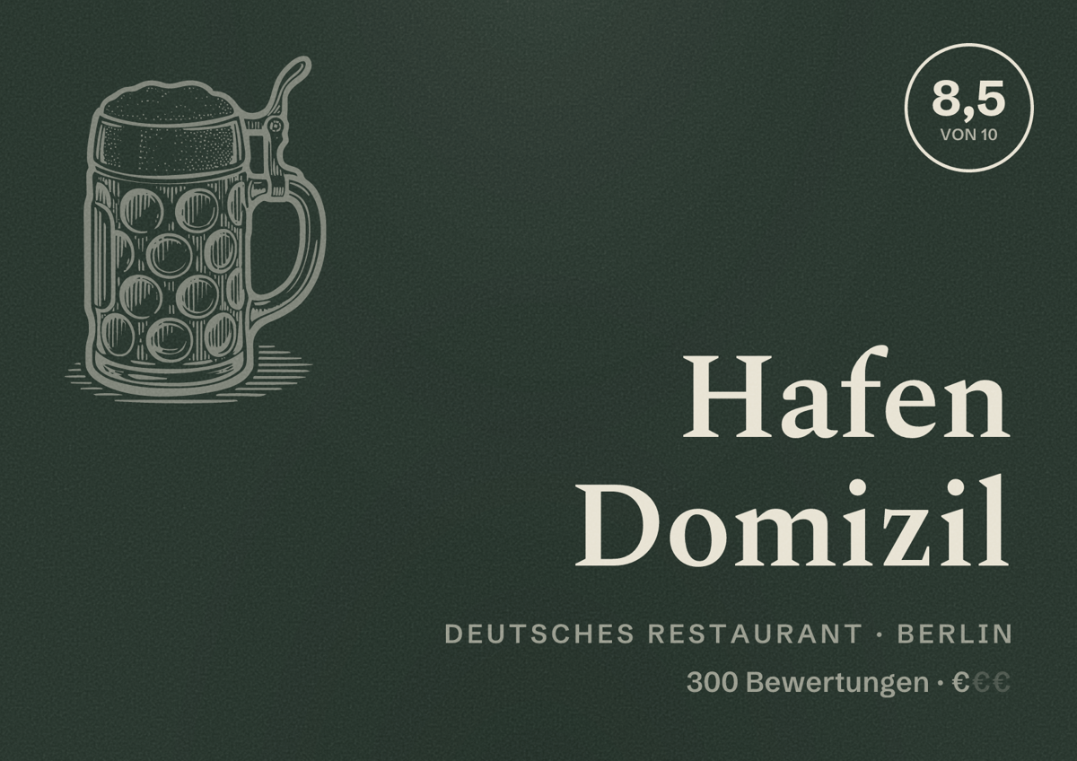 Illustriertes Poster von Hafen Domizil, Deutsches Restaurant in Berlin: Bewertung 8,5 von 10 aus 300 Bewertungen, Preisniveau €