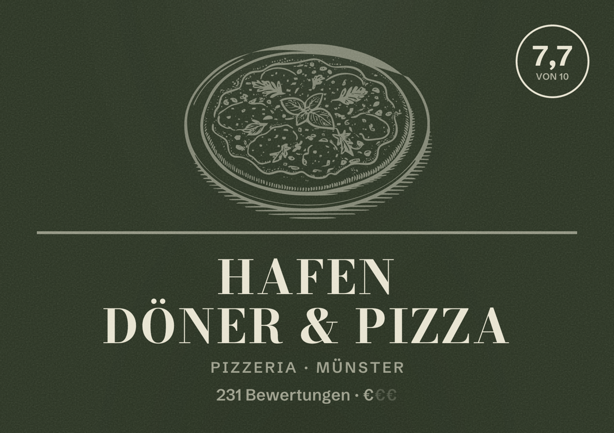 Illustriertes Poster von Hafen Döner & Pizza, Pizzeria in Münster: Bewertung 7,7 von 10 aus 231 Bewertungen, Preisniveau €