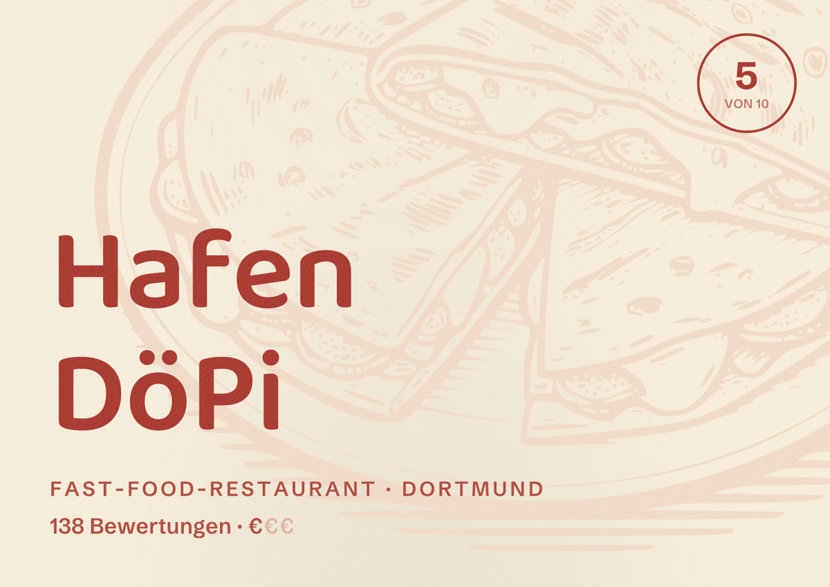 Illustriertes Poster von Hafen DöPi, Fast-Food-Restaurant in Dortmund: Bewertung 5 von 10 aus 138 Bewertungen, Preisniveau €